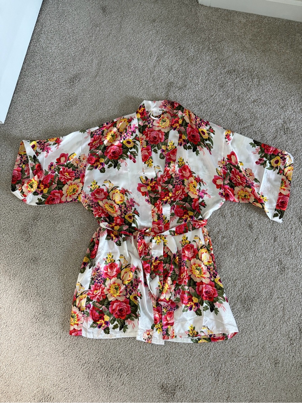 Floral Satin Kimono Robe in White with Pink & Yellow Blooms